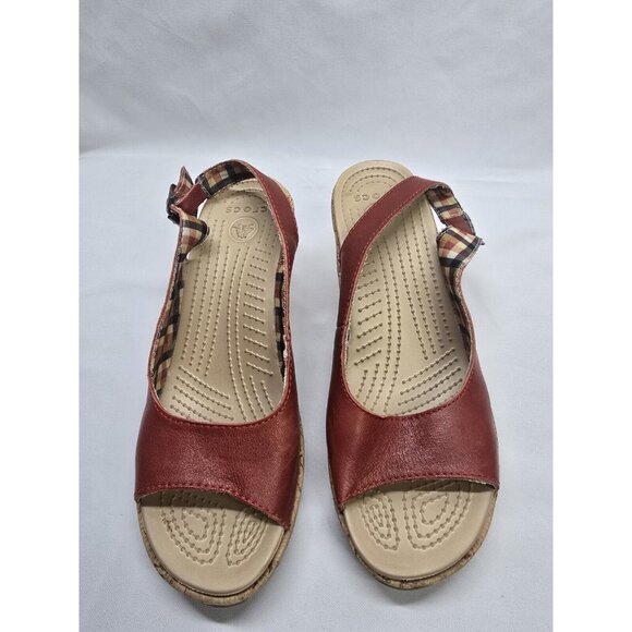 Crocs A Leigh Red Leather Cork Wedge Heel Slingback Sandal Shoes 11848 Women 8 - Picture 2 of 13
